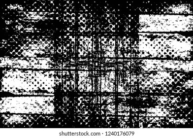 Grunge overlay layer. Abstract black and white vector background. Monochrome vintage surface with dirty pattern in cracks, spots, dots. Old wall in dark horror style design