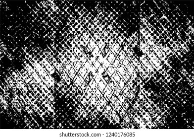 Grunge overlay layer. Abstract black and white vector background. Monochrome vintage surface with dirty pattern in cracks, spots, dots. Old wall in dark horror style design