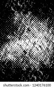 Grunge overlay layer. Abstract black and white vector background. Monochrome vintage surface with dirty pattern in cracks, spots, dots. Old wall in dark horror style design