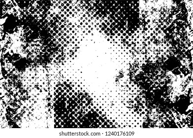 Grunge overlay layer. Abstract black and white vector background. Monochrome vintage surface with dirty pattern in cracks, spots, dots. Old wall in dark horror style design