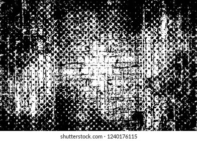 Grunge overlay layer. Abstract black and white vector background. Monochrome vintage surface with dirty pattern in cracks, spots, dots. Old wall in dark horror style design