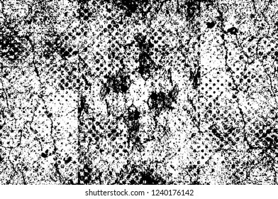 Grunge overlay layer. Abstract black and white vector background. Monochrome vintage surface with dirty pattern in cracks, spots, dots. Old wall in dark horror style design