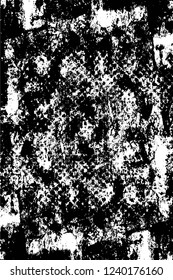 Grunge overlay layer. Abstract black and white vector background. Monochrome vintage surface with dirty pattern in cracks, spots, dots. Old wall in dark horror style design