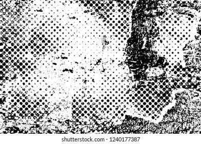 Grunge overlay layer. Abstract black and white vector background. Monochrome vintage surface with dirty pattern in cracks, spots, dots. Old wall in dark horror style design
