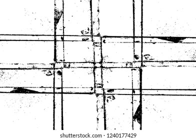 Grunge overlay layer. Abstract black and white vector background. Monochrome vintage surface with dirty pattern in cracks, spots, dots. Old wall in dark horror style design