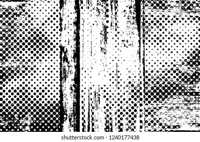 Grunge overlay layer. Abstract black and white vector background. Monochrome vintage surface with dirty pattern in cracks, spots, dots. Old wall in dark horror style design