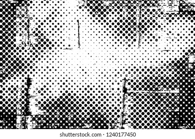 Grunge overlay layer. Abstract black and white vector background. Monochrome vintage surface with dirty pattern in cracks, spots, dots. Old wall in dark horror style design