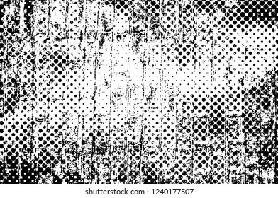 Grunge overlay layer. Abstract black and white vector background. Monochrome vintage surface with dirty pattern in cracks, spots, dots. Old wall in dark horror style design