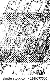 Grunge overlay layer. Abstract black and white vector background. Monochrome vintage surface with dirty pattern in cracks, spots, dots. Old wall in dark horror style design