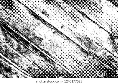 Grunge overlay layer. Abstract black and white vector background. Monochrome vintage surface with dirty pattern in cracks, spots, dots. Old wall in dark horror style design