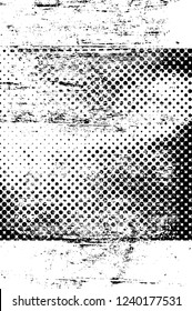 Grunge overlay layer. Abstract black and white vector background. Monochrome vintage surface with dirty pattern in cracks, spots, dots. Old wall in dark horror style design