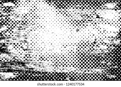 Grunge overlay layer. Abstract black and white vector background. Monochrome vintage surface with dirty pattern in cracks, spots, dots. Old wall in dark horror style design