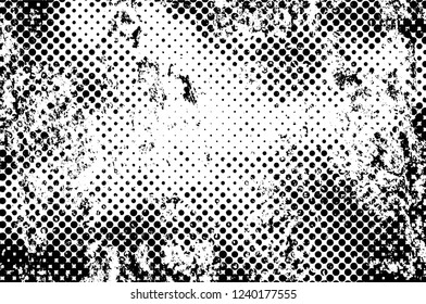 Grunge overlay layer. Abstract black and white vector background. Monochrome vintage surface with dirty pattern in cracks, spots, dots. Old wall in dark horror style design