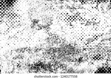 Grunge overlay layer. Abstract black and white vector background. Monochrome vintage surface with dirty pattern in cracks, spots, dots. Old wall in dark horror style design