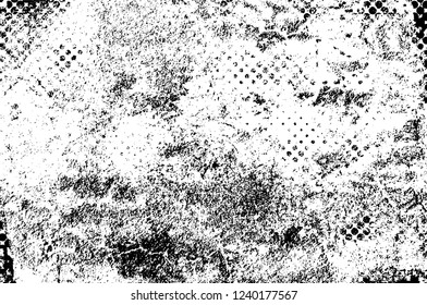 Grunge overlay layer. Abstract black and white vector background. Monochrome vintage surface with dirty pattern in cracks, spots, dots. Old wall in dark horror style design