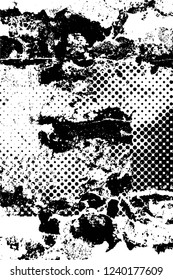 Grunge overlay layer. Abstract black and white vector background. Monochrome vintage surface with dirty pattern in cracks, spots, dots. Old wall in dark horror style design