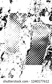 Grunge overlay layer. Abstract black and white vector background. Monochrome vintage surface with dirty pattern in cracks, spots, dots. Old wall in dark horror style design