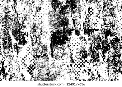 Grunge overlay layer. Abstract black and white vector background. Monochrome vintage surface with dirty pattern in cracks, spots, dots. Old wall in dark horror style design