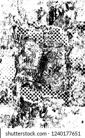Grunge overlay layer. Abstract black and white vector background. Monochrome vintage surface with dirty pattern in cracks, spots, dots. Old wall in dark horror style design