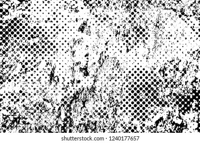 Grunge overlay layer. Abstract black and white vector background. Monochrome vintage surface with dirty pattern in cracks, spots, dots. Old wall in dark horror style design