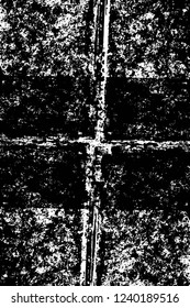 Grunge overlay layer. Abstract black and white vector background. Monochrome vintage surface with dirty pattern in cracks, spots, dots. Old wall in dark horror style design
