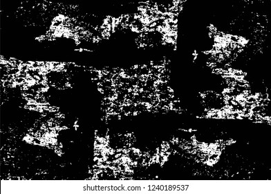 Grunge overlay layer. Abstract black and white vector background. Monochrome vintage surface with dirty pattern in cracks, spots, dots. Old wall in dark horror style design