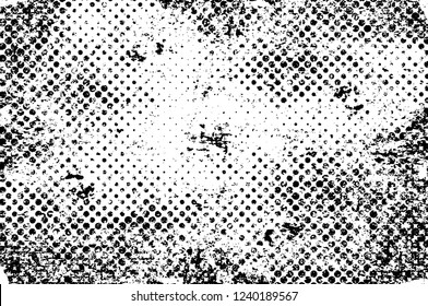 Grunge overlay layer. Abstract black and white vector background. Monochrome vintage surface with dirty pattern in cracks, spots, dots. Old wall in dark horror style design