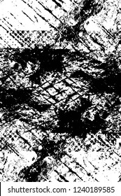 Grunge overlay layer. Abstract black and white vector background. Monochrome vintage surface with dirty pattern in cracks, spots, dots. Old wall in dark horror style design