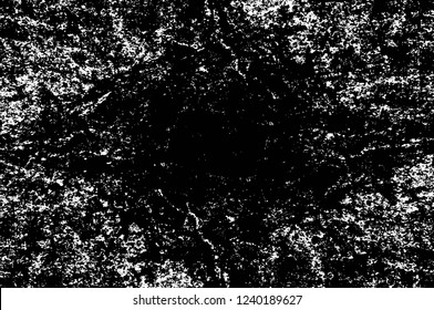 Grunge overlay layer. Abstract black and white vector background. Monochrome vintage surface with dirty pattern in cracks, spots, dots. Old wall in dark horror style design
