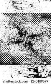 Grunge overlay layer. Abstract black and white vector background. Monochrome vintage surface with dirty pattern in cracks, spots, dots. Old wall in dark horror style design