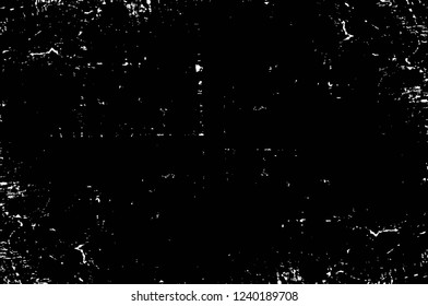 Grunge overlay layer. Abstract black and white vector background. Monochrome vintage surface with dirty pattern in cracks, spots, dots. Old wall in dark horror style design