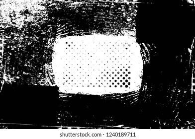Grunge overlay layer. Abstract black and white vector background. Monochrome vintage surface with dirty pattern in cracks, spots, dots. Old wall in dark horror style design
