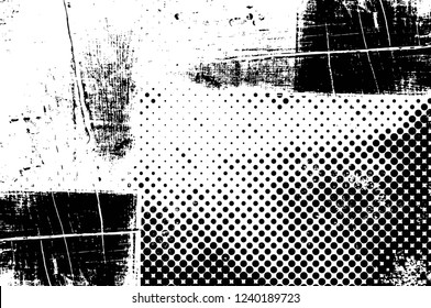 Grunge overlay layer. Abstract black and white vector background. Monochrome vintage surface with dirty pattern in cracks, spots, dots. Old wall in dark horror style design