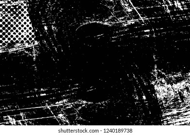 Grunge overlay layer. Abstract black and white vector background. Monochrome vintage surface with dirty pattern in cracks, spots, dots. Old wall in dark horror style design
