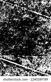 Grunge overlay layer. Abstract black and white vector background. Monochrome vintage surface with dirty pattern in cracks, spots, dots. Old wall in dark horror style design