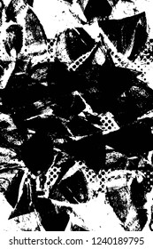 Grunge overlay layer. Abstract black and white vector background. Monochrome vintage surface with dirty pattern in cracks, spots, dots. Old wall in dark horror style design