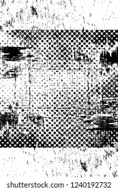 Grunge overlay layer. Abstract black and white vector background. Monochrome vintage surface with dirty pattern in cracks, spots, dots. Old wall in dark horror style design