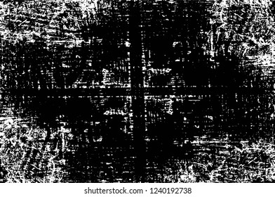 Grunge overlay layer. Abstract black and white vector background. Monochrome vintage surface with dirty pattern in cracks, spots, dots. Old wall in dark horror style design
