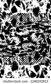 Grunge overlay layer. Abstract black and white vector background. Monochrome vintage surface with dirty pattern in cracks, spots, dots. Old wall in dark horror style design