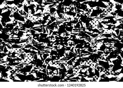 Grunge overlay layer. Abstract black and white vector background. Monochrome vintage surface with dirty pattern in cracks, spots, dots. Old wall in dark horror style design