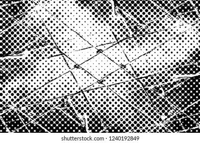 Grunge overlay layer. Abstract black and white vector background. Monochrome vintage surface with dirty pattern in cracks, spots, dots. Old wall in dark horror style design