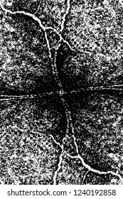 Grunge overlay layer. Abstract black and white vector background. Monochrome vintage surface with dirty pattern in cracks, spots, dots. Old wall in dark horror style design