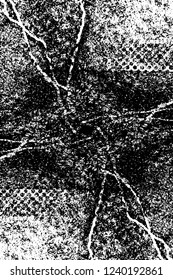 Grunge overlay layer. Abstract black and white vector background. Monochrome vintage surface with dirty pattern in cracks, spots, dots. Old wall in dark horror style design