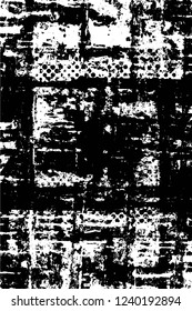 Grunge overlay layer. Abstract black and white vector background. Monochrome vintage surface with dirty pattern in cracks, spots, dots. Old wall in dark horror style design