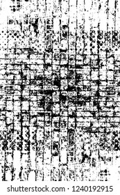 Grunge overlay layer. Abstract black and white vector background. Monochrome vintage surface with dirty pattern in cracks, spots, dots. Old wall in dark horror style design