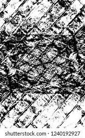 Grunge overlay layer. Abstract black and white vector background. Monochrome vintage surface with dirty pattern in cracks, spots, dots. Old wall in dark horror style design