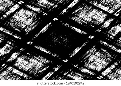 Grunge overlay layer. Abstract black and white vector background. Monochrome vintage surface with dirty pattern in cracks, spots, dots. Old wall in dark horror style design