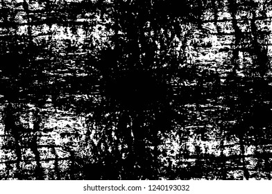 Grunge overlay layer. Abstract black and white vector background. Monochrome vintage surface with dirty pattern in cracks, spots, dots. Old wall in dark horror style design