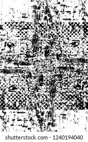 Grunge overlay layer. Abstract black and white vector background. Monochrome vintage surface with dirty pattern in cracks, spots, dots. Old wall in dark horror style design