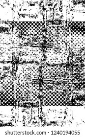 Grunge overlay layer. Abstract black and white vector background. Monochrome vintage surface with dirty pattern in cracks, spots, dots. Old wall in dark horror style design